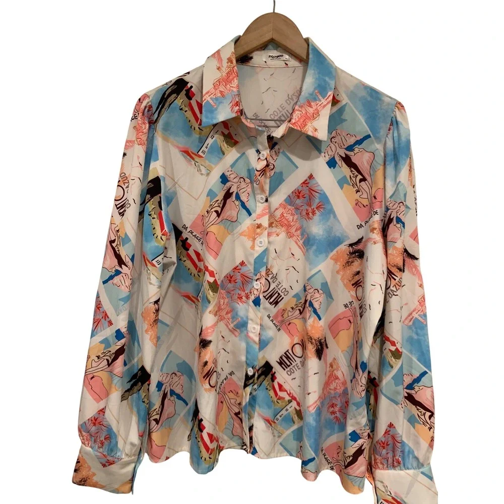 Zeagoo Womens Button Up Blouse XL White Riviera Postcard Print resort vacation - Picture 2 of 8